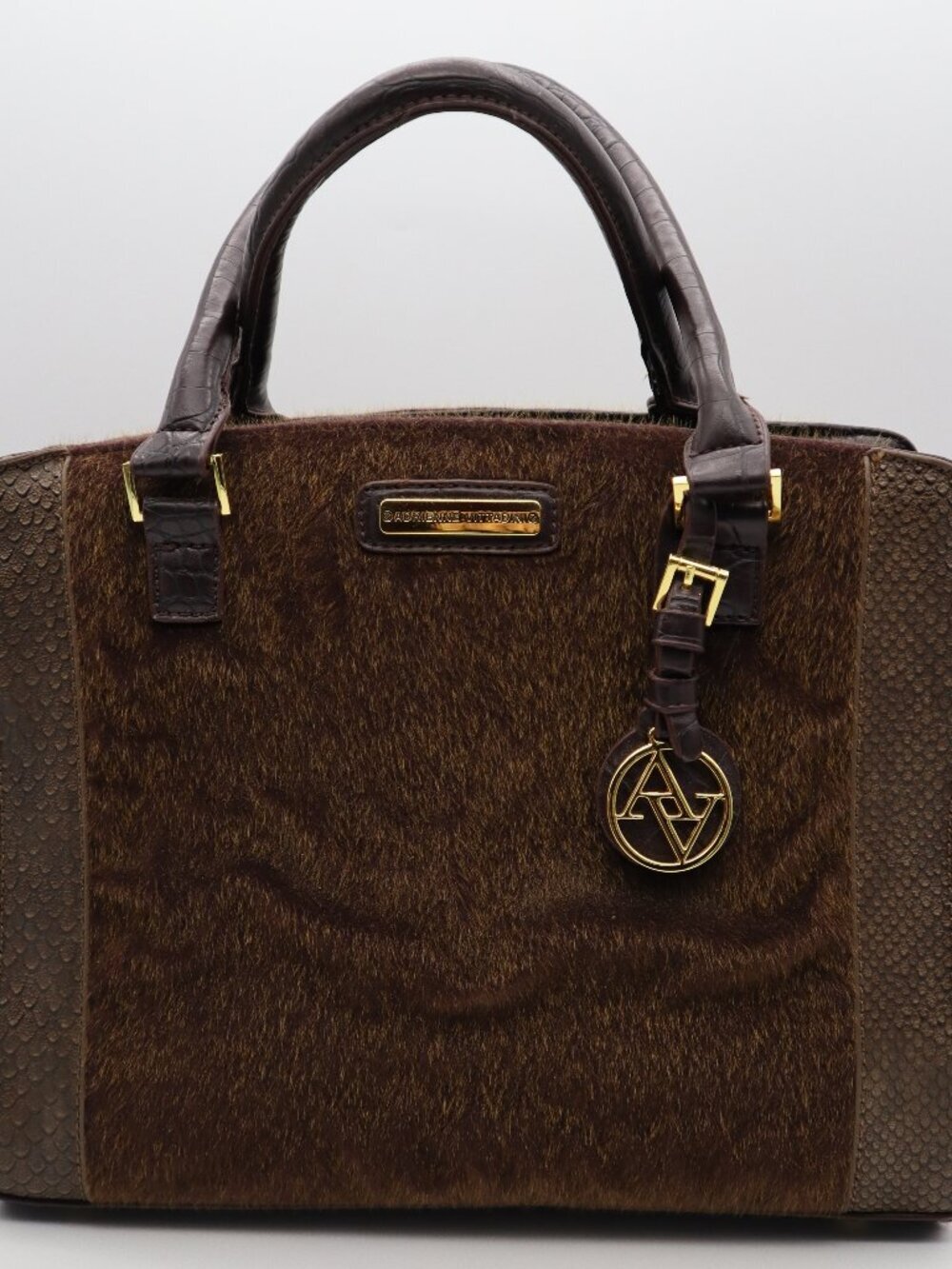 Adrienne Vittadini Faux Croc Snakeskin Fur Satchel Tote Bag Purse Handbag Brown